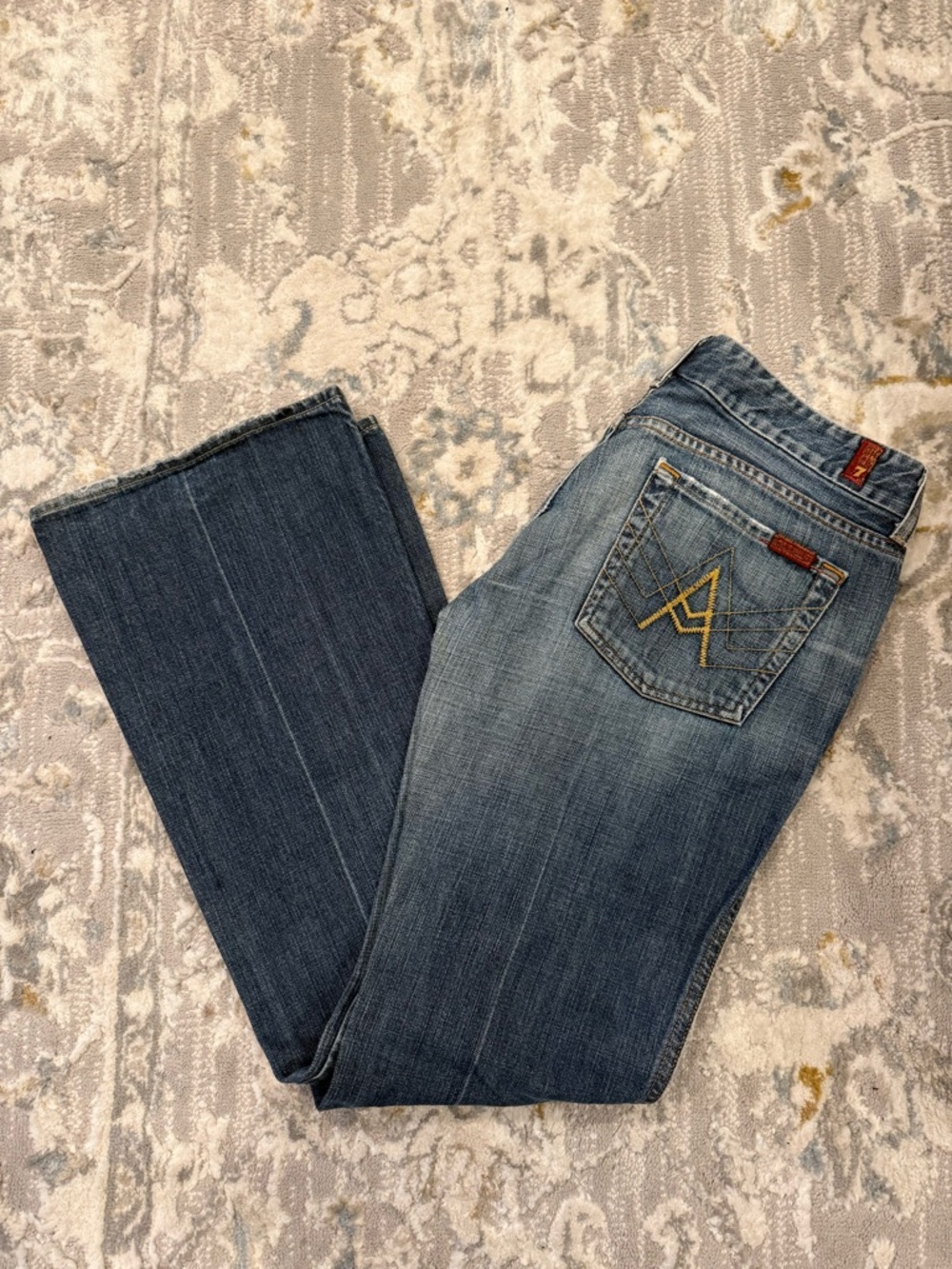 7 For All Mankind Women's Faded Blue Bootcut Jeans with Yellow Pocket Stitching